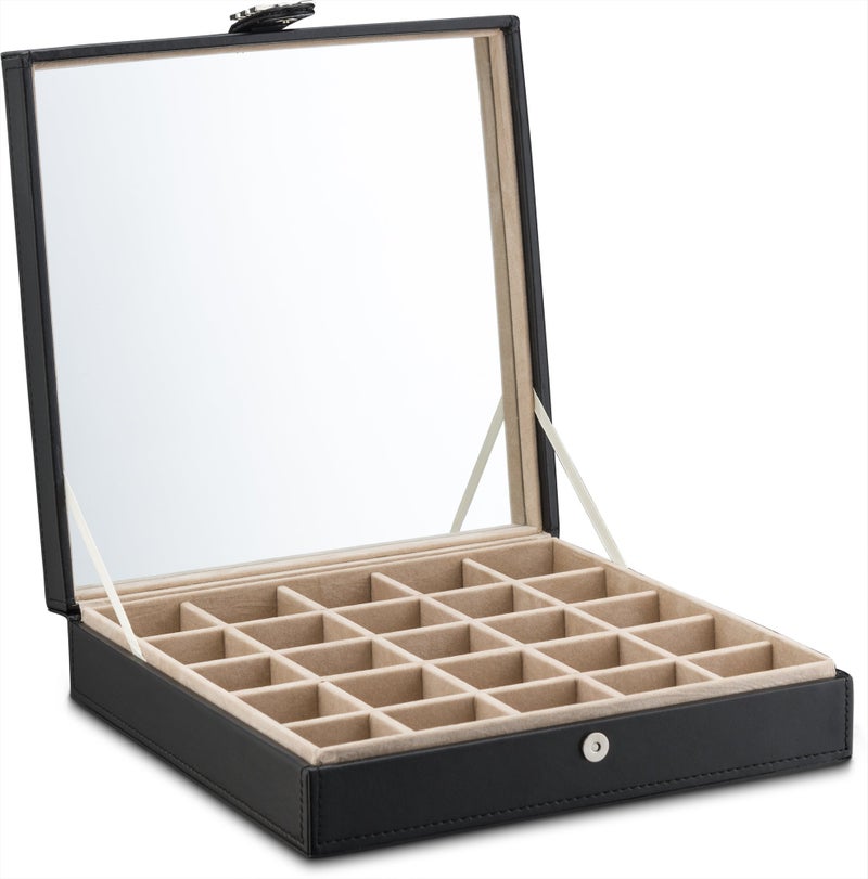 Glenor Co Earring Organizer - Classic 25 Section Jewelry Box/Case/Holder for Earrings, Rings, Necklaces, Jewelry, Cufflinks or Collections. 25 Small Compartments with Elegant Large Mirror - Black - Image 5